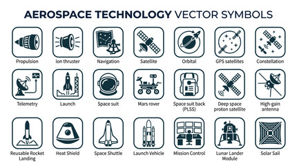 Aerospace technology vector symbols showcase space exploration tools like satellites rockets and space suits © Boob's
