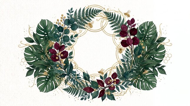 Elegant watercolor wedding invitation card featuring a geometric eucalyptus botanical frame with tropical leaves and dark flowers