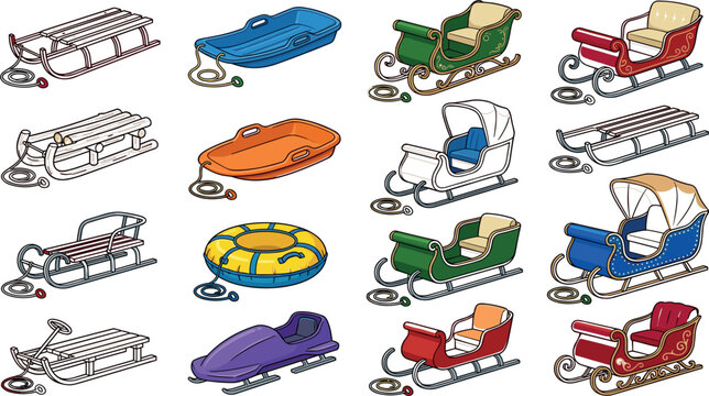 Sled and Sleigh Vector Icon Set with Winter Snow Toboggans Plastic Sliders Inflatable Tubes and Vintage Santa Carriages for Seasonal Holiday Holiday Designs