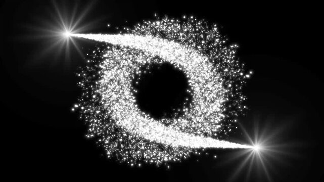 Elegant white particle infinity loop with sparkling light trails on black background