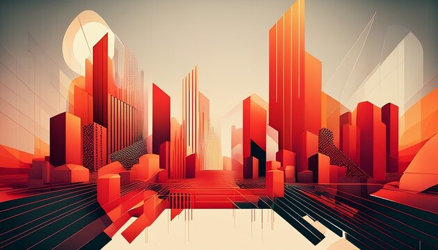 abstract cityscape with red and orange geometric shapes