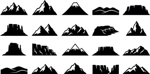 Set of black mountain icons and landscape silhouettes on white background with mountain silhouette landscape adventure geography topography climbing collection environment mountains © creative zone