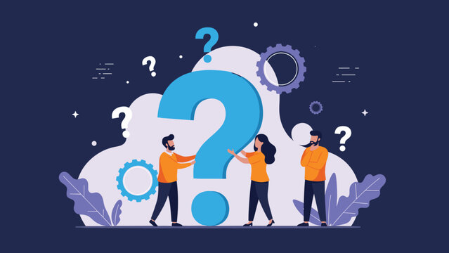 Business team searching for smart answers and strategic solutions around a giant question mark concept illustration.
