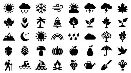 Obraz premium Set of black weather nature and seasonal activity icons on white background