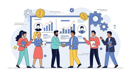 Fototapeta premium Professional business partners celebrate successful commercial merger with a handshake in front of corporate charts.