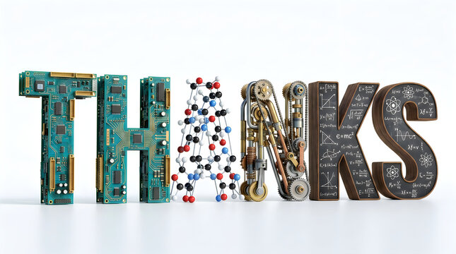 Thanks word composed of technology and science materials with technology molecule lettering typography