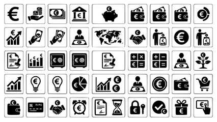 Fototapeta premium Set of black and white finance and euro currency icons for business applications