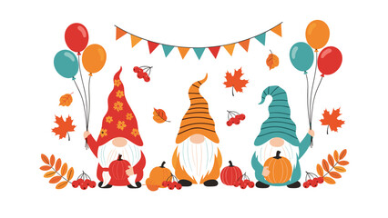 Fototapeta premium Cute autumn gnomes holding colorful balloons and pumpkins surrounded by falling maple leaves and garlands.