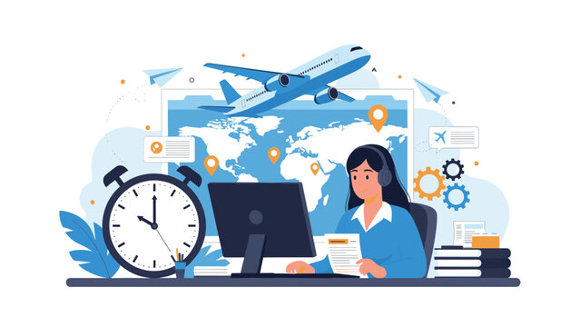 Professional travel agent booking a flight on a computer with a world map and airplane in the background.