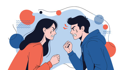 Fototapeta premium Young man and woman clenching their fists and shouting angrily at each other during a relationship argument.