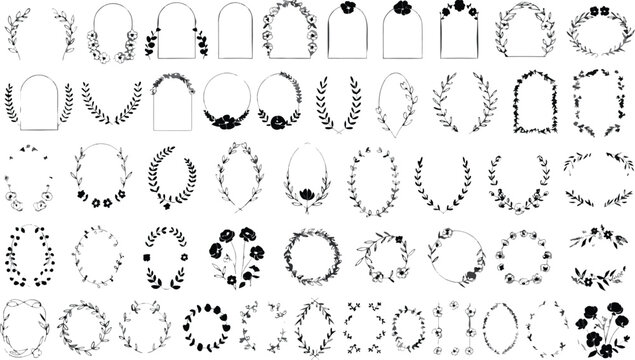 Hand drawn floral wreath frame and wedding arch borders black vector line art illustrations bundle