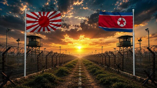 Sunset over North Korean border with flags waving. Peaceful border scene with barbed wire fences and watchtowers.