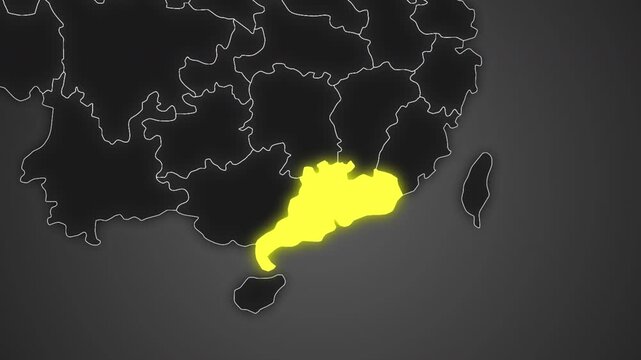 Animated glowing map of Guangdong, China, with a highlighted outline on a dark gray gradient background, ideal for geography, travel, news, and infographic projects.