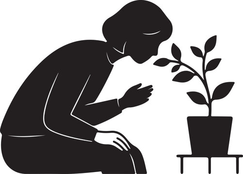 Woman Smelling Houseplant In Pot Vector Silhouette