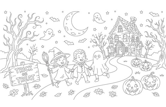 Spooky halloween night scene coloring page for kids featuring trick or treaters, trick or treat