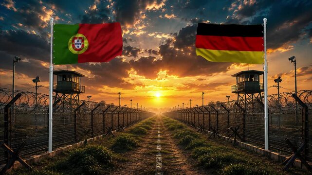 Sunset over a border fence with flags of Portugal and Germany. Peaceful border crossing scene.
