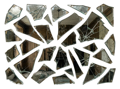 Shattered mirror pieces isolated on transparent background. Useful for conceptual broken reflection and destruction.