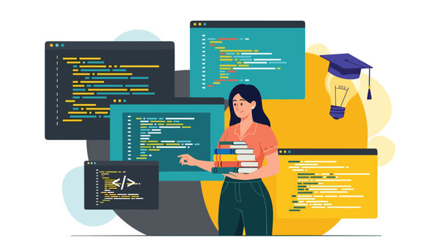 Female programmer holding books in front of multiple monitors with code to represent educational technology learning.