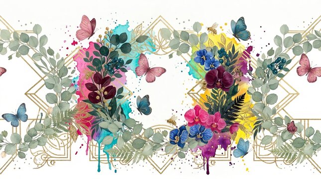 Elegant watercolor wedding invitation background featuring a geometric eucalyptus botanical frame with colorful floral accents and butterflies