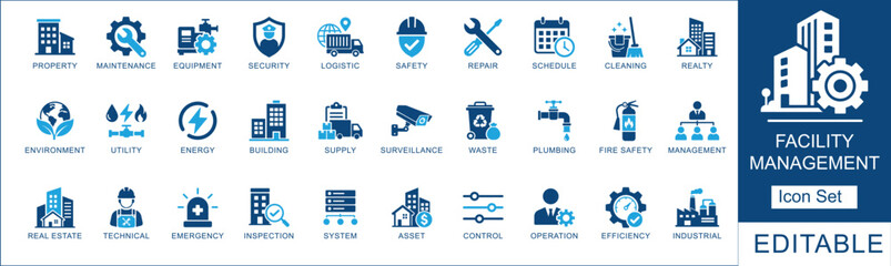 Facility management icon set. Featuring maintenance, security, safety, and  property, repair service. Vector icons for business. © ICONIC_FLOW