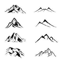 Fototapeta premium Set of black and white mountains doodle art isolated on transparent background, PNG illustration