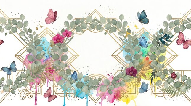 Watercolor wedding geometric eucalyptus botanical frame with colorful butterflies and floral accents for elegant invitation card design