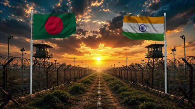 Sunset over Bangladesh and India border fences. Peaceful border scene with flags fluttering in the wind.