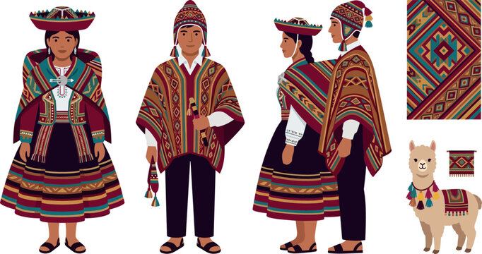 Traditional Peruvian Andean People Vector Illustration Set Featuring Chullo Hat Poncho Montera Native Clothes Traditional Costumes and Cute Alpaca Character Graphics