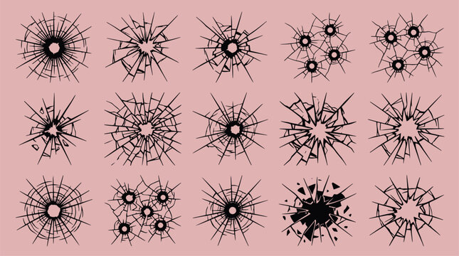 Set of isolated shattered glass crack textures and bullet hole impacts on a pink backdrop with shattered destruction explosion splinter fractured accident violence isolated