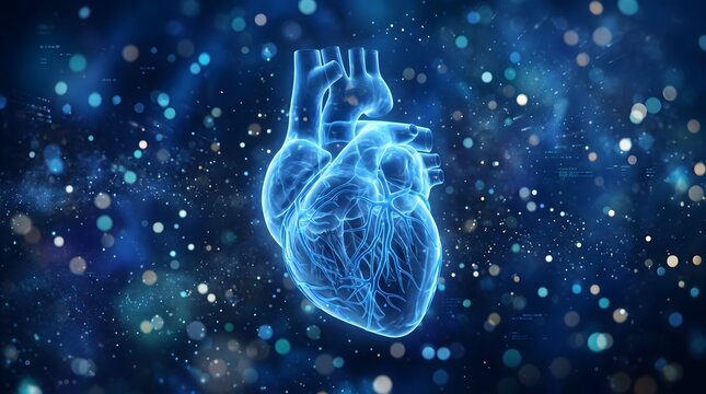 A glowing blue digital human heart illustration floating in a dark background with particles representing medical technology and cardiovascular health research