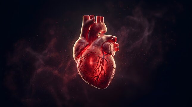 A realistic 3d medical illustration of a human heart glowing with internal light isolated against a dark black smoke background