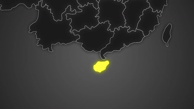 Animated glowing map of Hainan, China, with a highlighted outline on a dark gray gradient background, ideal for geography, travel, news, and infographic projects.