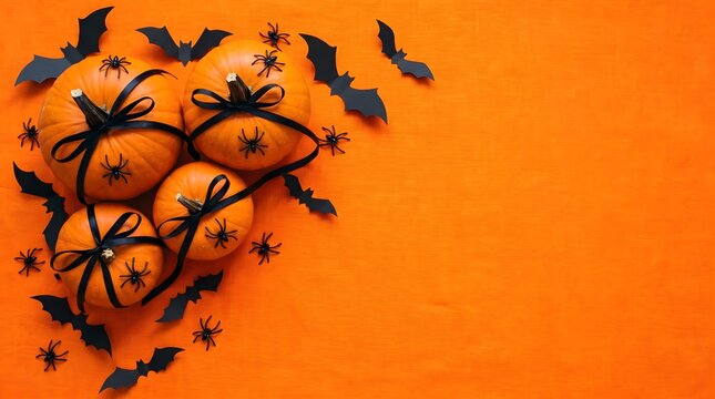 Top view of decorative pumpkins wrapped in black yarn with paper bats on a bright orange background for halloween holiday celebration