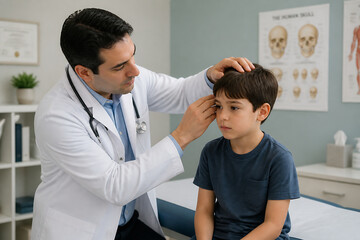 Fototapeta premium A doctor is examining a young boy's eye in a medical office setting.