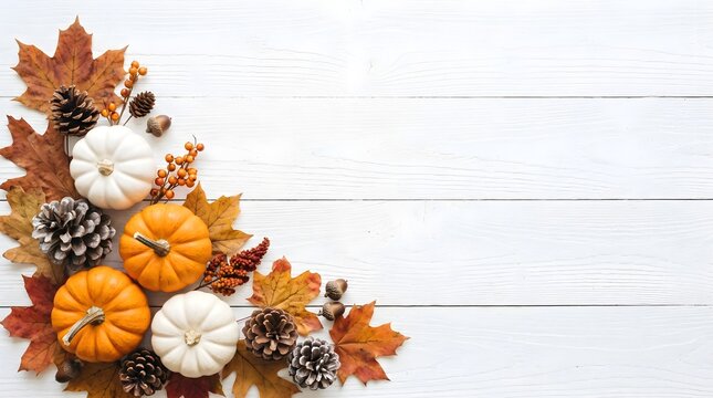Top view of autumn harvest decorations with pumpkins pine cones and colorful maple leaves arranged on a white wooden background