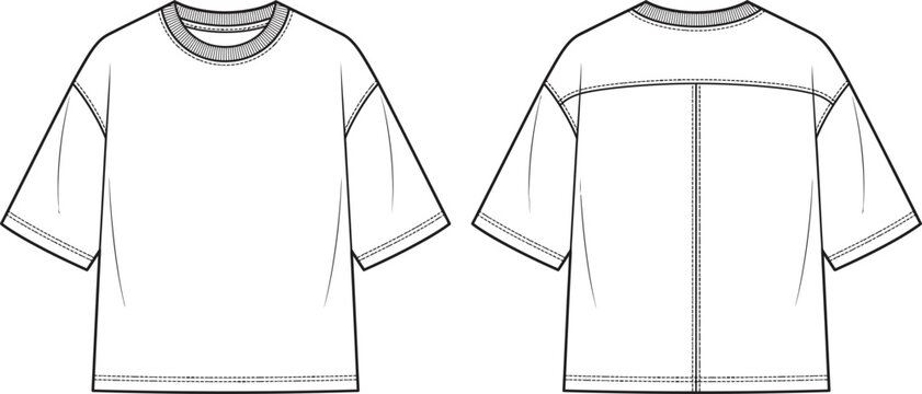 Technical fashion sketch of an oversized t shirt with drop shoulders and front and back view
