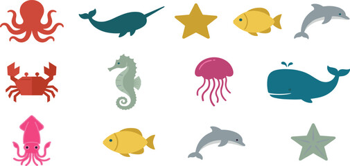 Minimalist Sea Life and Marine Animals Vector Icon Set Featuring Whale, Narwhal, Dolphin, Octopus, Crab, and Starfish for Children Educational Graphic Designs © MDSAROWARHOSSAIN