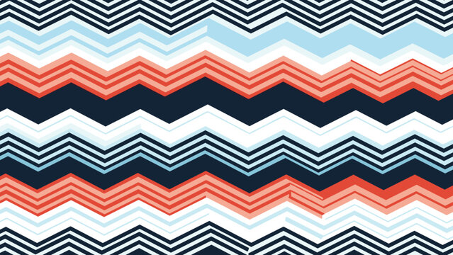 Dynamic seamless chevron zigzag pattern decorated with red, navy blue, and light blue colors, vector texture.