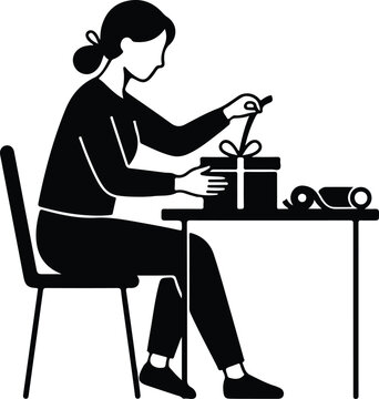 Woman Wrapping Gift Box At Desk Vector Silhouette