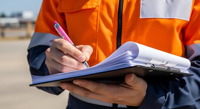 Construction worker writing on clipboard. Industrial inspector taking notes on site.