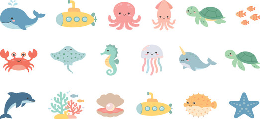 Cute Sea Creatures and Ocean Animals Icon Set Featuring Whale, Submarine, Turtle, Dolphin, Octopus, and Coral Reef for Kids Educational Poster Graphic Designs © MDSAROWARHOSSAIN
