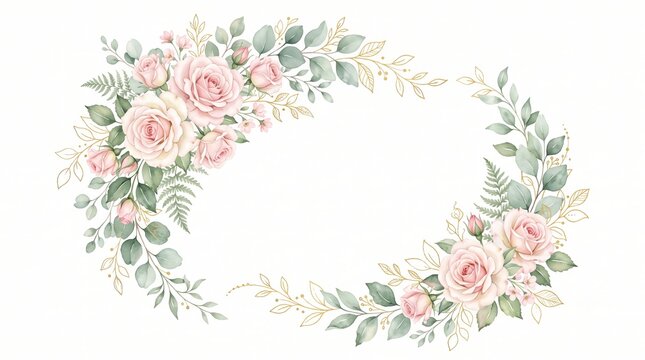 Elegant watercolor wedding geometric eucalyptus botanical frame featuring soft pink roses and greenery for invitation card design