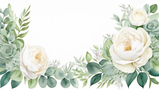 corner border of watercolor white flowers featuring a creamy peony ivory rose sage green leaves and eucalyptus hand painted art for wedding invites or backgrounds