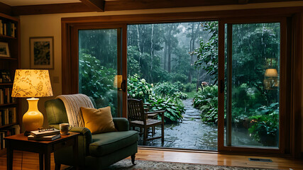 Fototapeta premium Cozy living room with large glass windows overlooking nature. Warm, inviting interior with comfortable furniture and natural light.