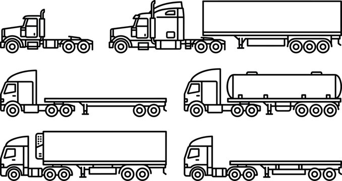 Commercial Semi Truck and Trailer Vector Outline Icon Set Featuring Side View Tractor Cab Box Reefer Tanker and Flatbed Logistics Graphics