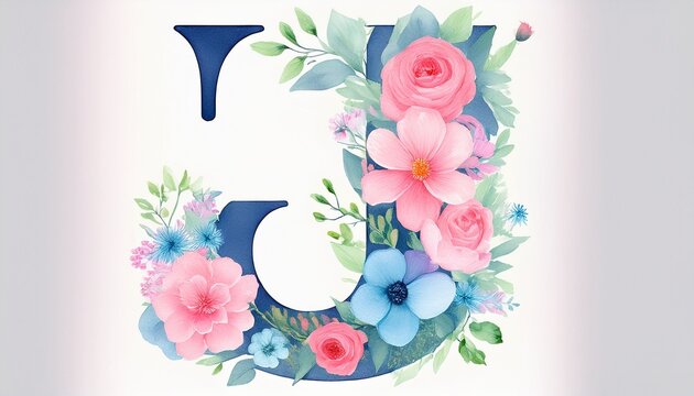 elegant watercolor floral hand painted letter j formed by soft pastel colorful dreamy flowers perfect for weddings invitations branding prints greeting cards decor and creative design projects