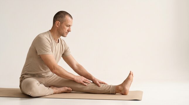 Professional pilates model, seated hamstring stretch on warm white background, horizontal beginner banner with copy space