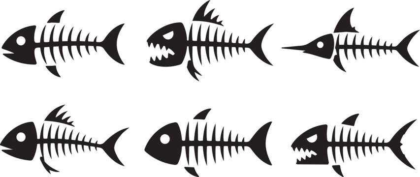 fish skeleton icons set aquatic bone silhouettes vector illustration