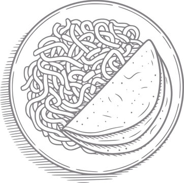 Dibujo a mano de fideos y panqueques en un plato