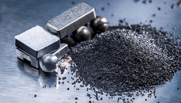 macro shot of raw lithium ion battery cell components and chemicals such as lithium cobalt oxide and graphite on metallic background